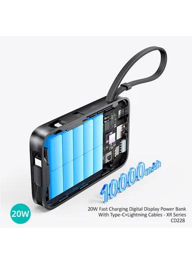10000mAh 20W Portable Dual Cabled Fast Charging Power Bank, Multi-Use Bank Phone Charger CD228- Silver