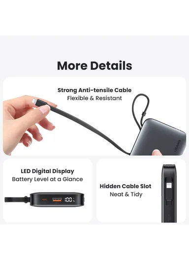 5000mAh 20W Star Series Power Bank with Dual Cable Type-C + iP, Portable LED Display Phone Charger CD228 - Silver