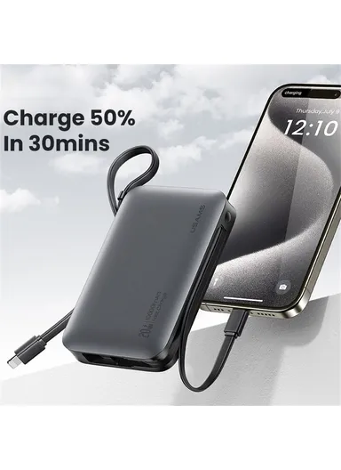 5000mAh 20W Star Series Power Bank with Dual Cable Type-C + iP, Portable LED Display Phone Charger CD228 - Silver