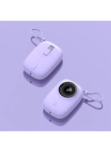 10000mAh 22.5W Camera Shaped Power Bank, Portable Cell Phone Charger with Type-C + 8-Pin Cable KP90 - Purple