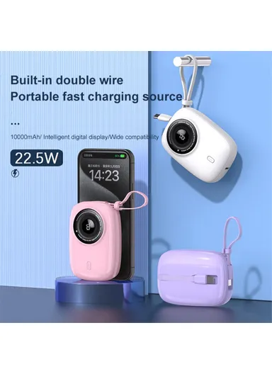10000mAh 22.5W Camera Shaped Power Bank, Portable Cell Phone Charger with Type-C + 8-Pin Cable KP90 - Purple