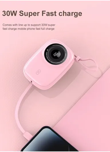 10000mAh 22.5W Camera Shaped Power Bank, Portable Cell Phone Charger with Type-C + 8-Pin Cable KP90 - Purple