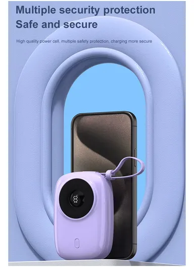 10000mAh 22.5W Camera Shaped Power Bank, Portable Cell Phone Charger with Type-C + 8-Pin Cable KP90 - Purple