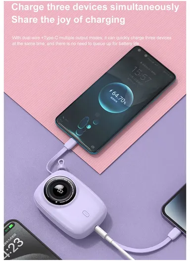 10000mAh 22.5W Camera Shaped Power Bank, Portable Cell Phone Charger with Type-C + 8-Pin Cable KP90 - Purple