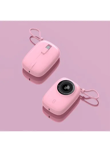 10000mAh 22.5W Camera Shaped Power Bank, Portable Cell Phone Charger with Type-C + 8-Pin Cable KP90 - Pink