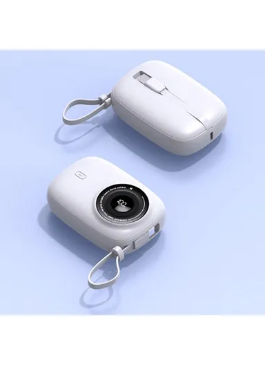 10000mAh 22.5W Camera Shaped Power Bank, Portable Cell Phone Charger with Type-C + 8-Pin Cable KP90 - White