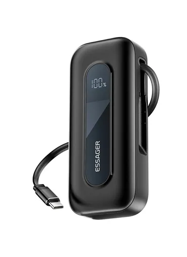 10000mAh Portable Power Bank Digital Display Charger with Retractable Type-C Cable (L12.4 x W5.4 x H2.5)cm