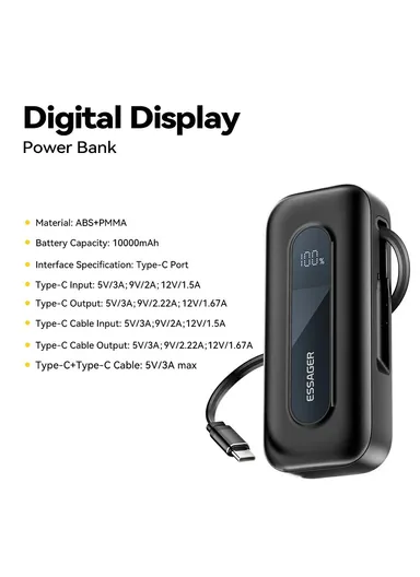 10000mAh Portable Power Bank Digital Display Charger with Retractable Type-C Cable (L12.4 x W5.4 x H2.5)cm