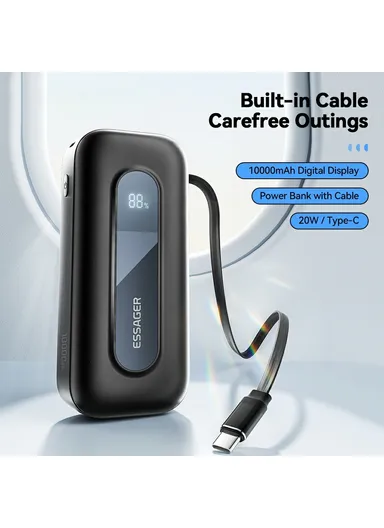 10000mAh Portable Power Bank Digital Display Charger with Retractable Type-C Cable (L12.4 x W5.4 x H2.5)cm