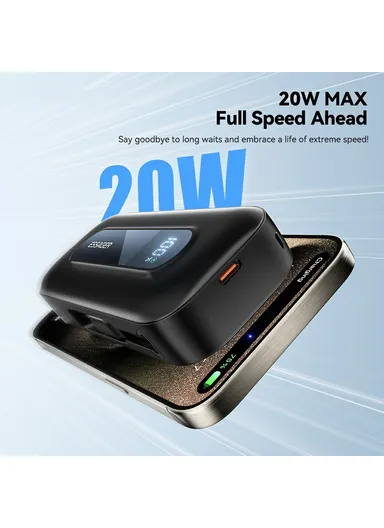 10000mAh Portable Power Bank Digital Display Charger with Retractable Type-C Cable (L12.4 x W5.4 x H2.5)cm