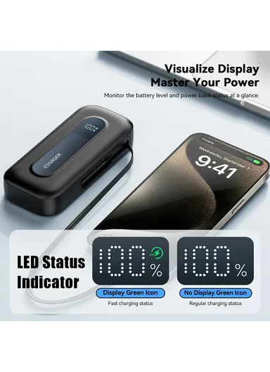10000mAh Portable Power Bank Digital Display Charger with Retractable Type-C Cable (L12.4 x W5.4 x H2.5)cm