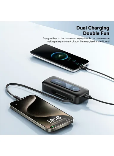 10000mAh Portable Power Bank Digital Display Charger with Retractable Type-C Cable (L12.4 x W5.4 x H2.5)cm