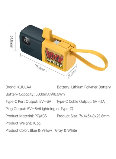 5000mAh 5V 2-in-1 Capsule Type-C &amp; Built-in Type-C Power Bank, Portable Digital Display Phone Charger KL-YD65 - Grey / White