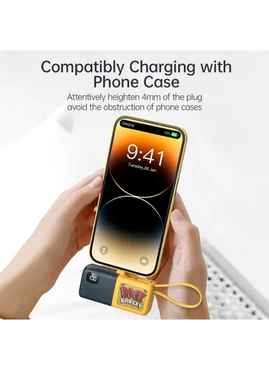 5000mAh 5V 2-in-1 Capsule Lightning Connector &amp; Built-in Type-C Power Bank, Portable Digital Display Phone Charger KL-YD65 - Navy Blue / Yellow