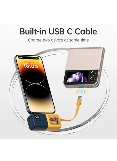 5000mAh 5V 2-in-1 Capsule Type-C &amp; Built-in Type-C Power Bank, Portable Digital Display Phone Charger KL-YD65 - Navy Blue / Yellow