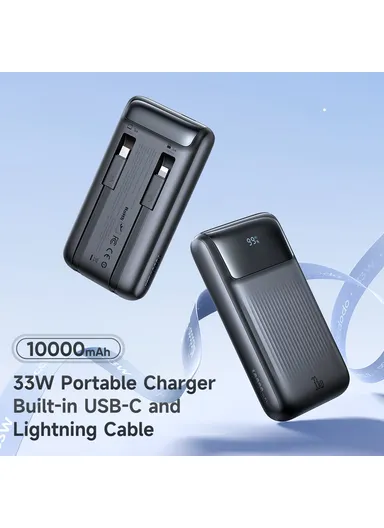 10000mAh 33W Youth Series Digital Display Power Bank Built-In Type-C + Lightning Cable Phone Charger MC-0231 - Black