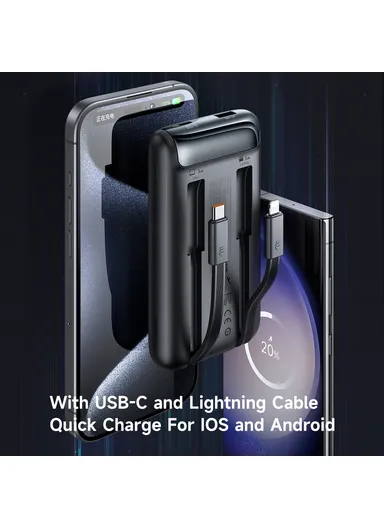 10000mAh 33W Youth Series Digital Display Power Bank Built-In Type-C + Lightning Cable Phone Charger MC-0231 - Black