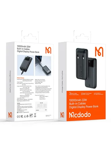 10000mAh 33W Youth Series Digital Display Power Bank Built-In Type-C + Lightning Cable Phone Charger MC-0231 - Black