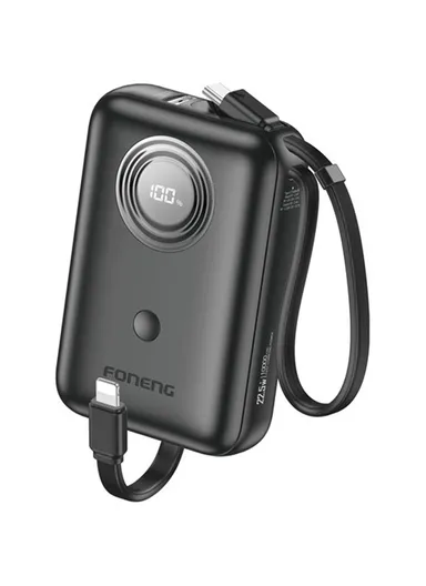 10000mAh 22.5W Fast Charging Digital Display Mini Power Bank Built-In with Type-C &amp; Lightning Cable PX105 - Black