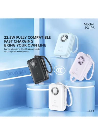 10000mAh 22.5W Fast Charging Digital Display Mini Power Bank Built-In with Type-C &amp; Lightning Cable PX105 - Black