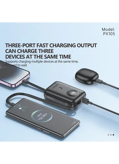 10000mAh 22.5W Fast Charging Digital Display Mini Power Bank Built-In with Type-C &amp; Lightning Cable PX105 - Black