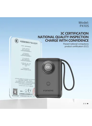 10000mAh 22.5W Fast Charging Digital Display Mini Power Bank Built-In with Type-C &amp; Lightning Cable PX105 - Black