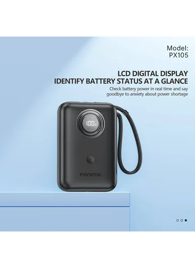 10000mAh 22.5W Fast Charging Digital Display Mini Power Bank Built-In with Type-C &amp; Lightning Cable PX105 - Black