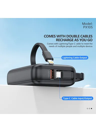 10000mAh 22.5W Fast Charging Digital Display Mini Power Bank Built-In with Type-C &amp; Lightning Cable PX105 - Black