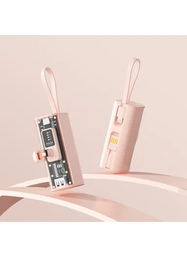 10000mAh Capsule Power Bank 8-Pin Plug Phone Charger with Built-In Type-C Cable + USB Cable HY-740 - Pink