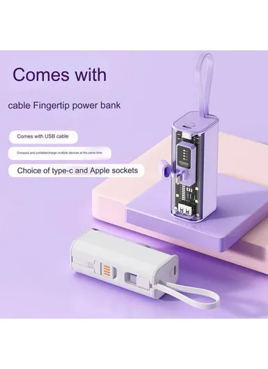 10000mAh Capsule Power Bank 8-Pin Plug Phone Charger with Built-In Type-C Cable + USB Cable HY-740 - Pink
