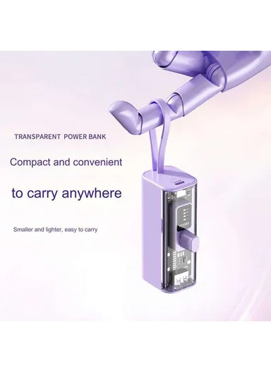 10000mAh Capsule Power Bank 8-Pin Plug Phone Charger with Built-In Type-C Cable + USB Cable HY-740 - Pink