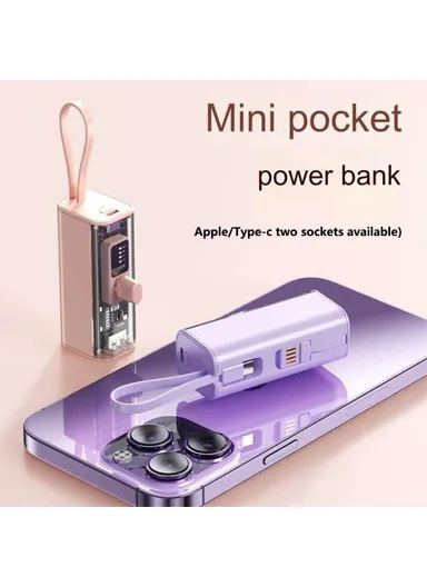 10000mAh Capsule Power Bank 8-Pin Plug Phone Charger with Built-In Type-C Cable + USB Cable HY-740 - Pink