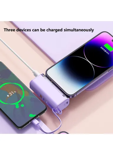 10000mAh Capsule Power Bank 8-Pin Plug Phone Charger with Built-In Type-C Cable + USB Cable HY-740 - Pink