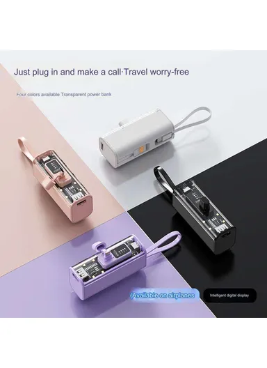 10000mAh Capsule Power Bank 8-Pin Plug Phone Charger with Built-In Type-C Cable + USB Cable HY-740 - Pink