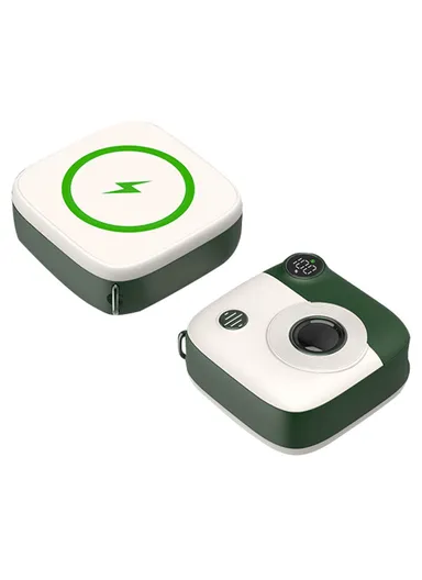 10000mAh Camera Shaped Magnetic Wireless Power Bank Charger, Phone External Battery Pack E49 - Blackish Green