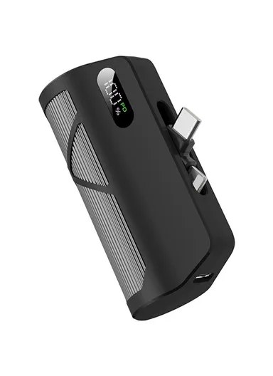 5000mAh Dual Plug Type-C &amp; Lightning Capsule Power Bank, Digital Display Phone Charger QH185 - Black