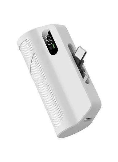 5000mAh Dual Plug Type-C &amp; Lightning Capsule Power Bank, Digital Display Phone Charger QH185 - White