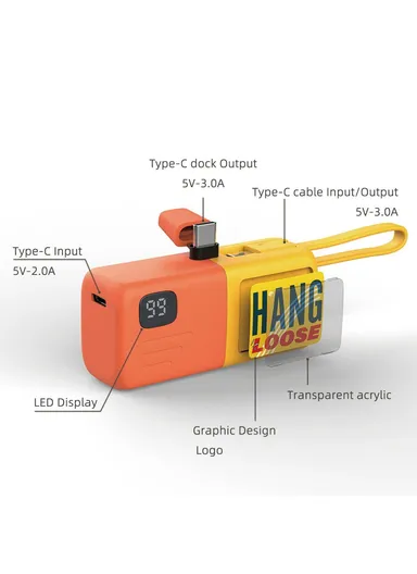 5000mAh Lightning Plug Capsule Power Bank with Built-in Type-C Cable, Digital Display Phone Charger - Orange / Yellow 