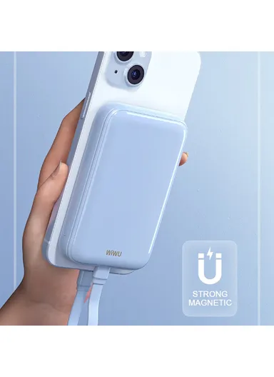 10000mAh 20W Magnetic Wireless Charging Power Bank, Fast Charging Battery Pack with Built-In Cable Wi-P024 - Blue