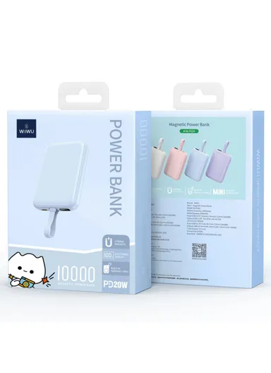 10000mAh 20W Magnetic Wireless Charging Power Bank, Fast Charging Battery Pack with Built-In Cable Wi-P024 - Blue