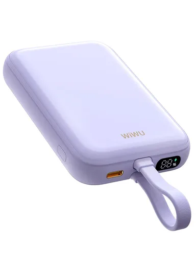 10000mAh 20W Magnetic Wireless Charging Power Bank, Fast Charging Battery Pack with Built-In Cable Wi-P024 - Purple