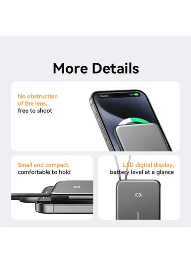 5000mAh 20W Ultra-Thin Magnetic Power Bank, Digital Display Phone Charger with Type-C Cable CD227 - Titanium