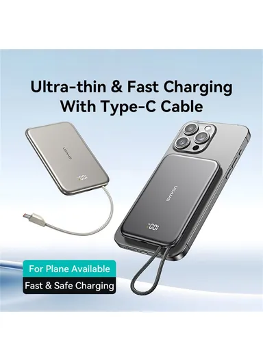 5000mAh 20W Ultra-Thin Magnetic Power Bank, Digital Display Phone Charger with Type-C Cable CD227 - Titanium
