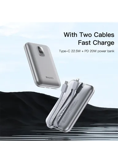 10000mAh Portable Compact Size Power Bank Charger with Built-in Lightning &amp; Type-C Cable YP48 
