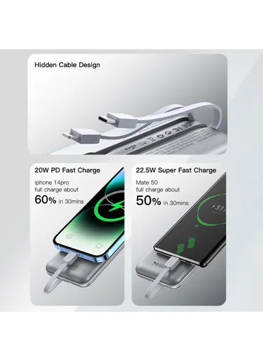 10000mAh Portable Compact Size Power Bank Charger with Built-in Lightning &amp; Type-C Cable YP48 