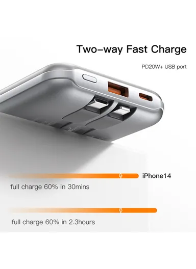 10000mAh Portable Compact Size Power Bank Charger with Built-in Lightning &amp; Type-C Cable YP48 