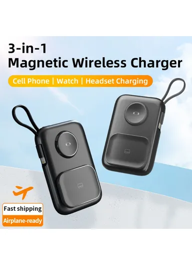 3-in-1 5000mAh Portable Multifunctional Cabled Power Bank Watch Headset Cellphone Charger - Black
