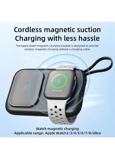 3-in-1 5000mAh Portable Multifunctional Cabled Power Bank Watch Headset Cellphone Charger - Black