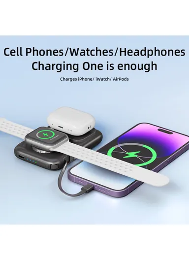 3-in-1 5000mAh Portable Multifunctional Cabled Power Bank Watch Headset Cellphone Charger - Black