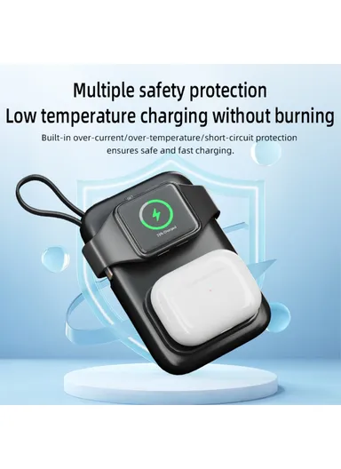 3-in-1 5000mAh Portable Multifunctional Cabled Power Bank Watch Headset Cellphone Charger - Black